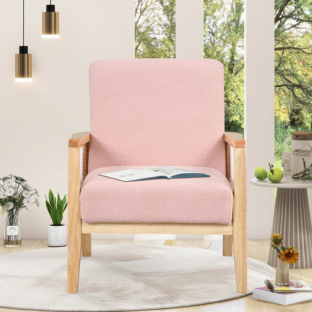 Pink Teddy Short Plush Particle Velvet Rattan Mesh Upholstered Accent Armchair F5114