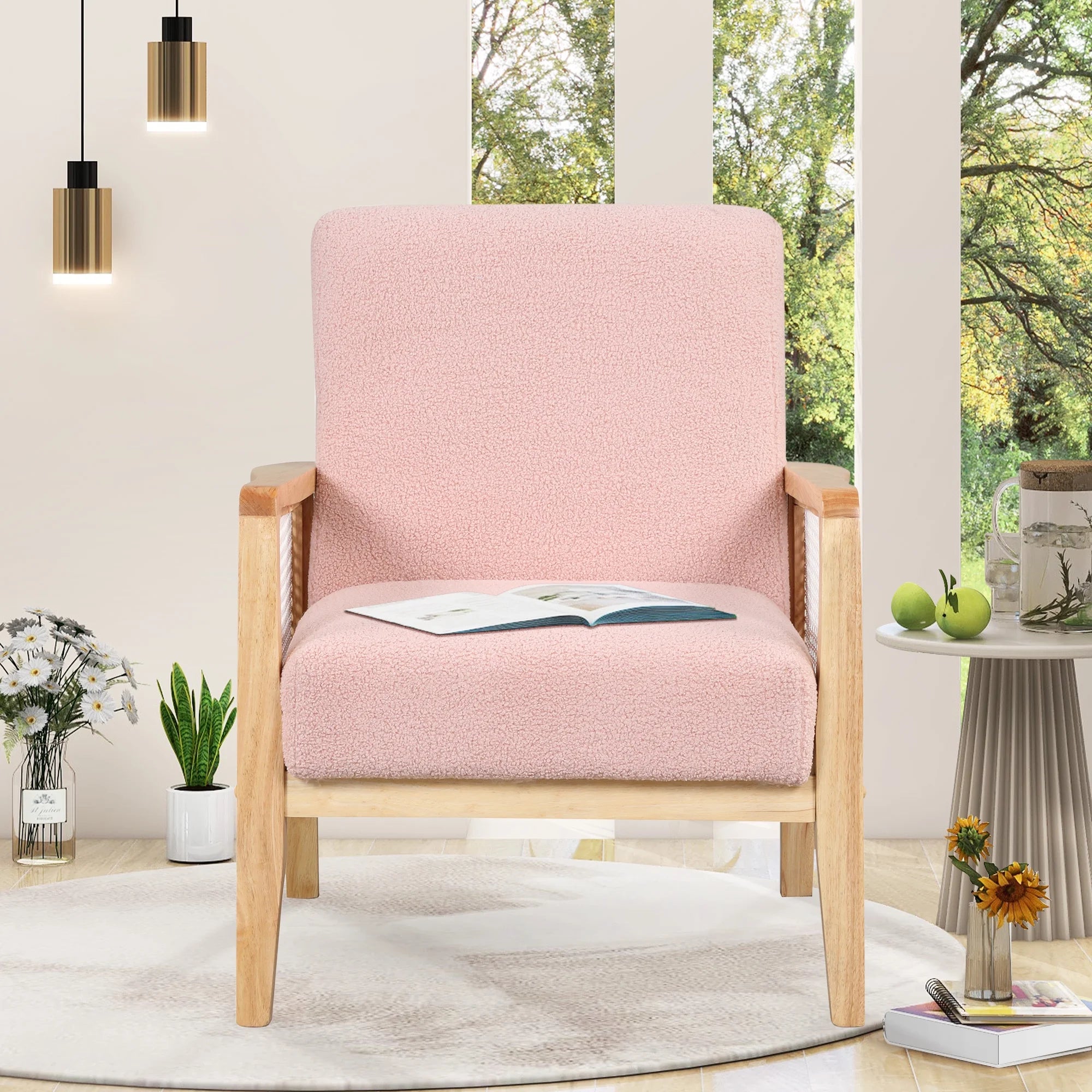 Pink Teddy Short Plush Particle Velvet Rattan Mesh Upholstered Accent Armchair F5114