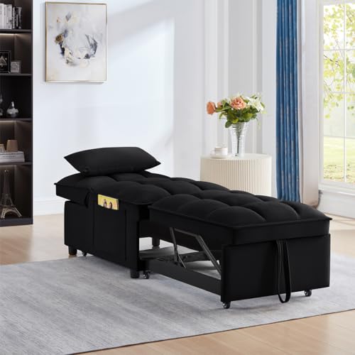Navy Velvet Convertible Sleeper Sofa Chair with Storage Pockets W99931