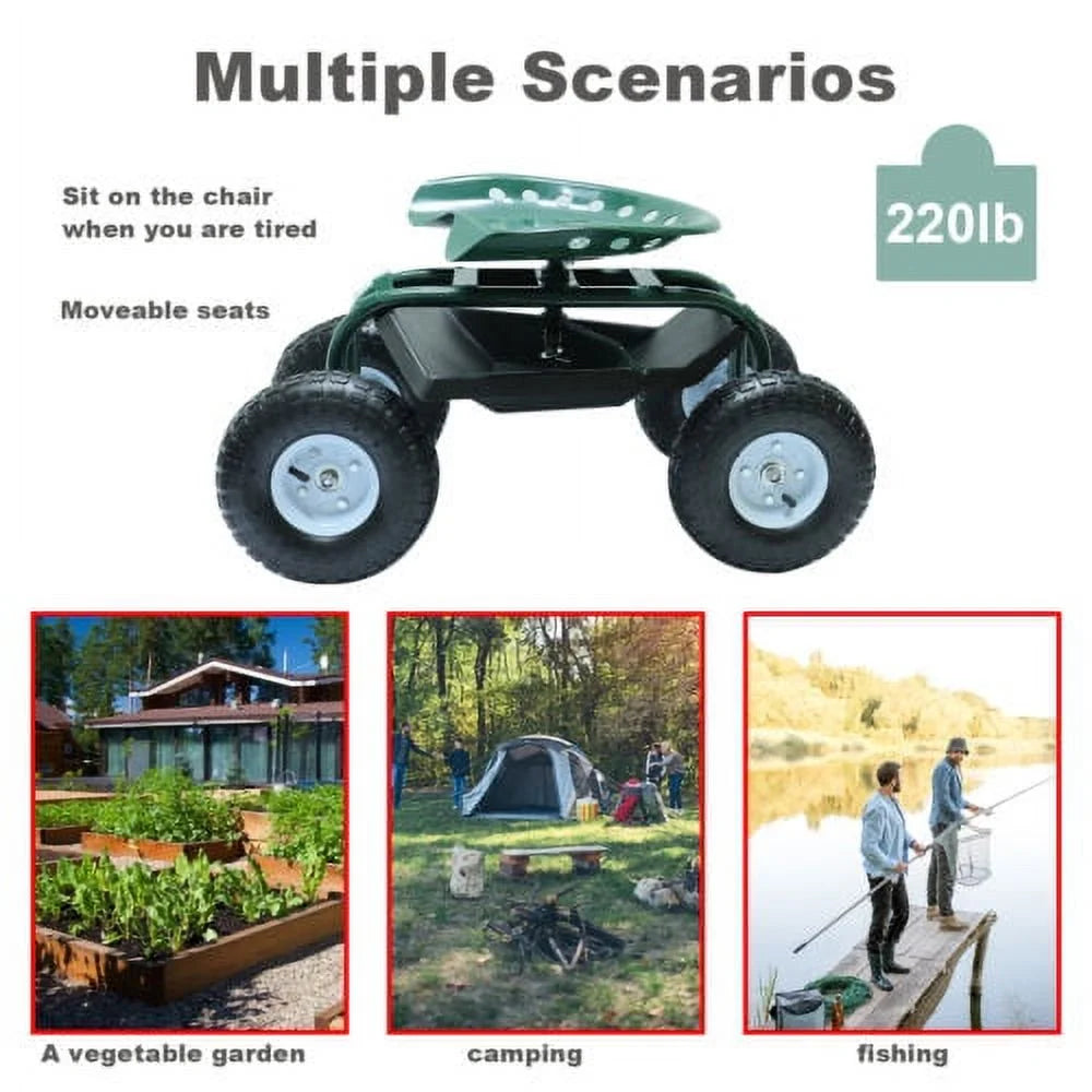Green Metal Rolling Garden Seat Cart with 4 Wheels N522