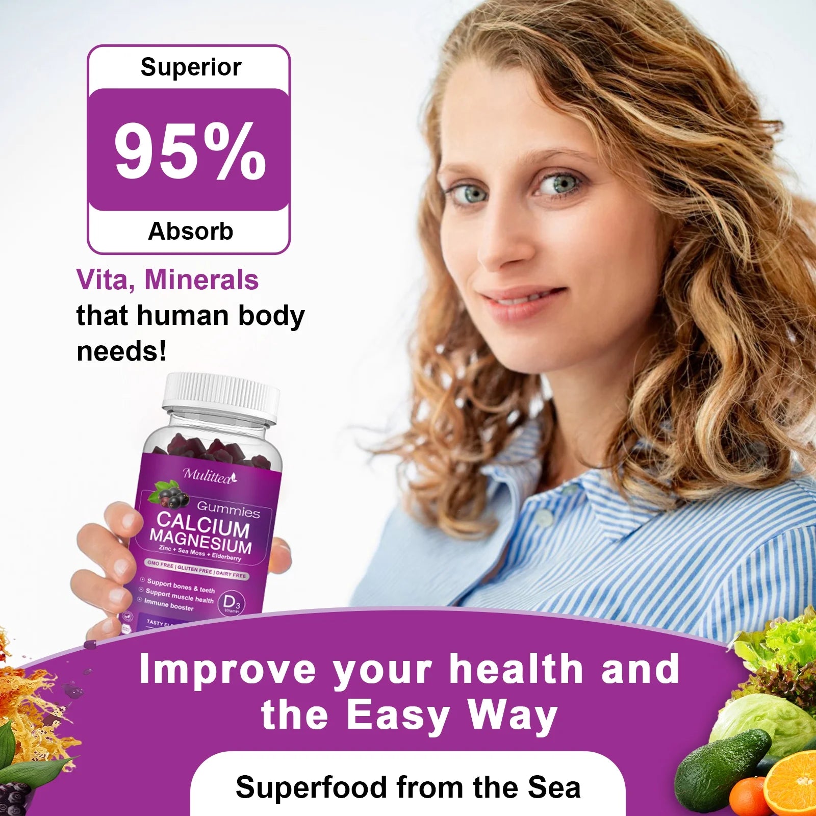 Calcium Magnesium Zinc Gummies with Magnesium Glycinate 200mg, Potassium, D3 & Sea Moss (2 Pack) K146967