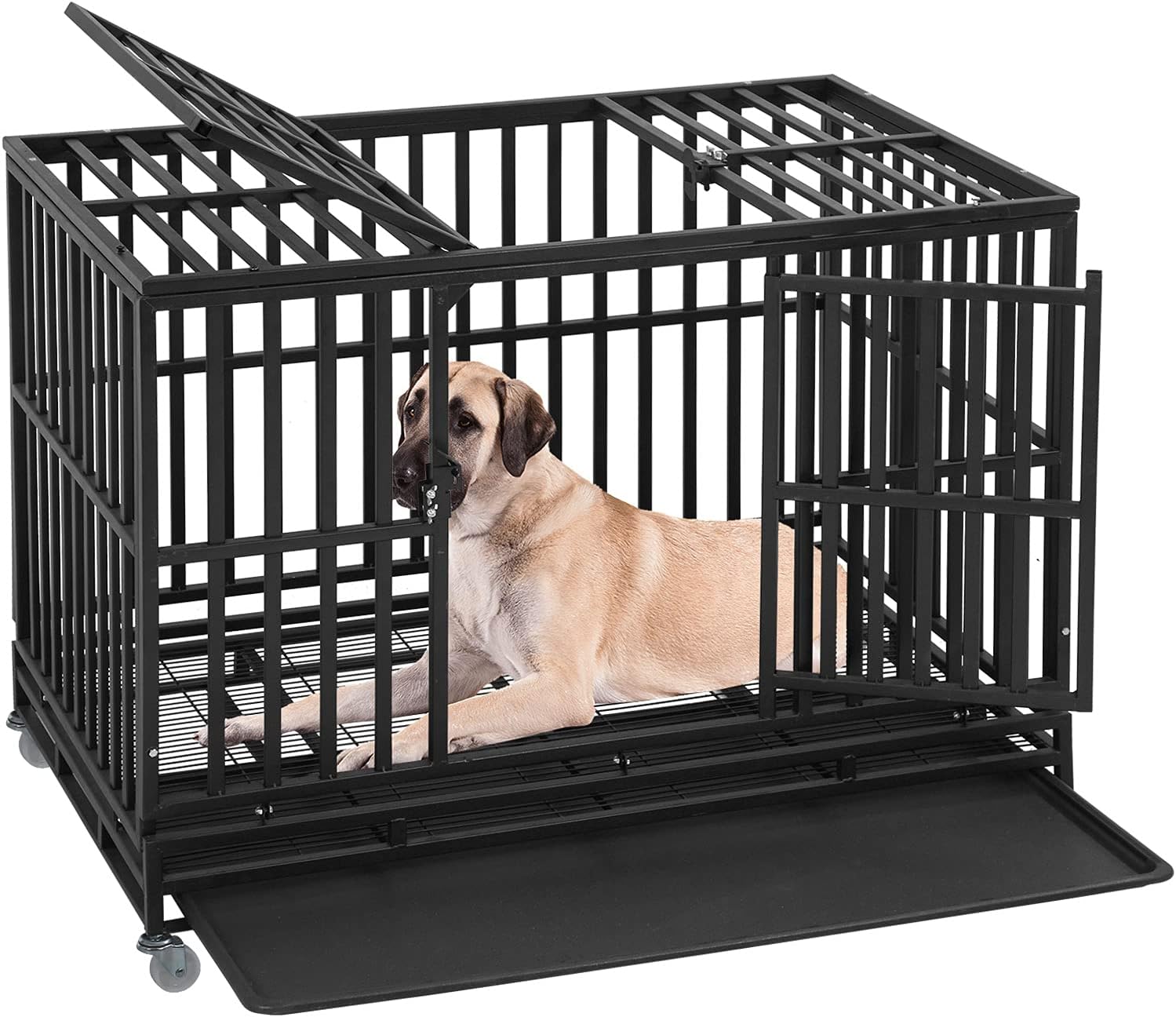 Black 48 Inches Dog Crate with Plastic Tray Double Doors K631092