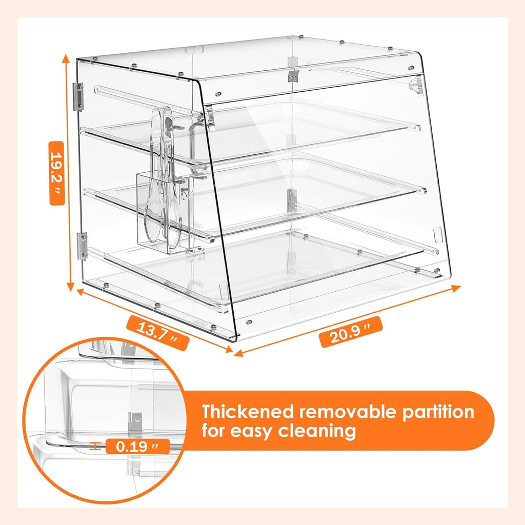 Acrylic 3 Tray Commercial Countertop Bakery Display Case with Rear Door Access & Removable Shelves, 22x17x16.5inch Q860
