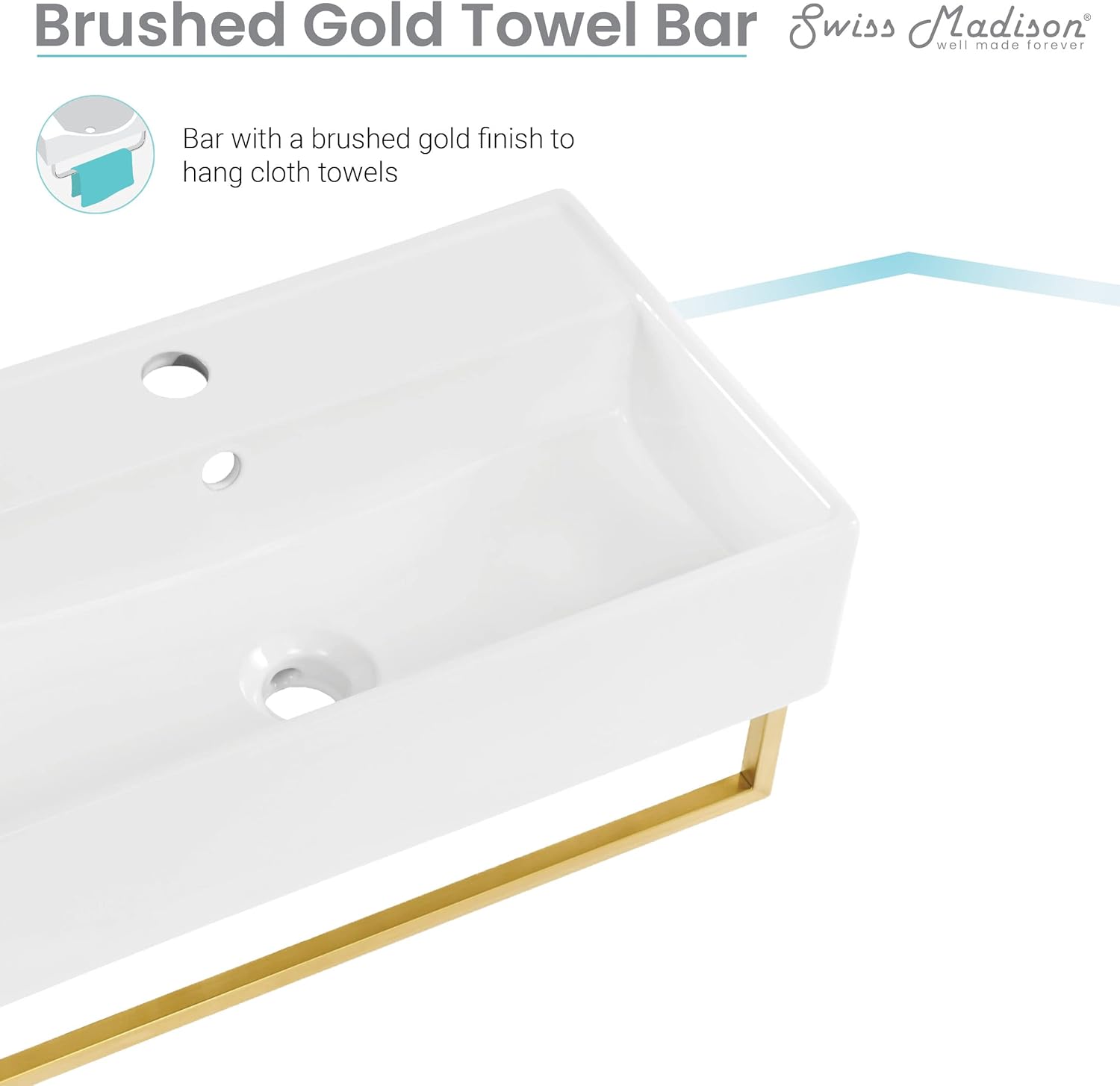 22" Wall-Mount Bathroom Sink with Brushed Gold Towel Bar Z435