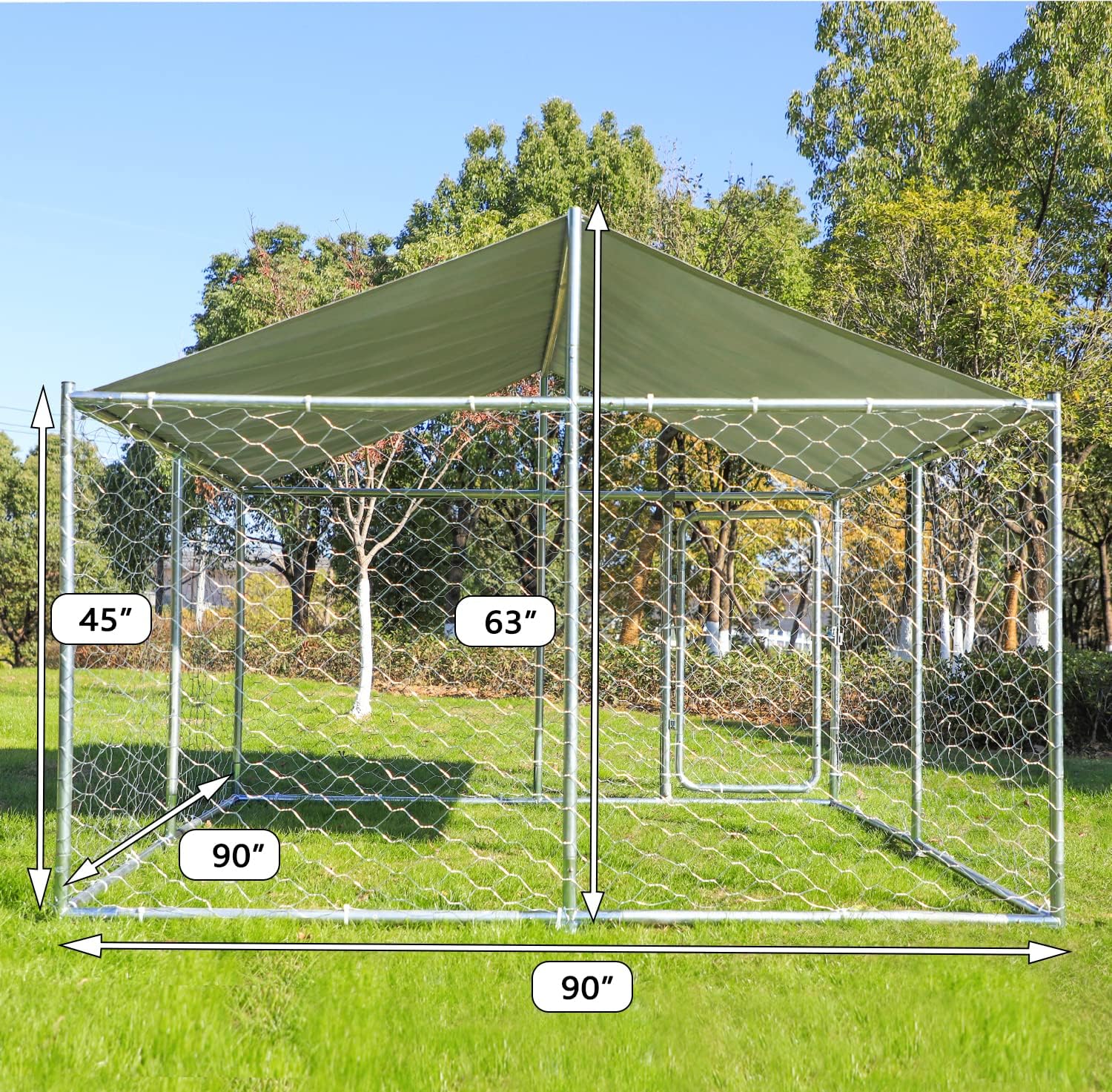 Silver 90"x90"x63" Outdoor Dog Kennel with Water-Resistant Cover S4069