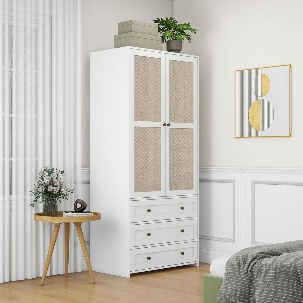 Wooden Armoire Wardrobe with Rattan Door and 3 Drawer P121709