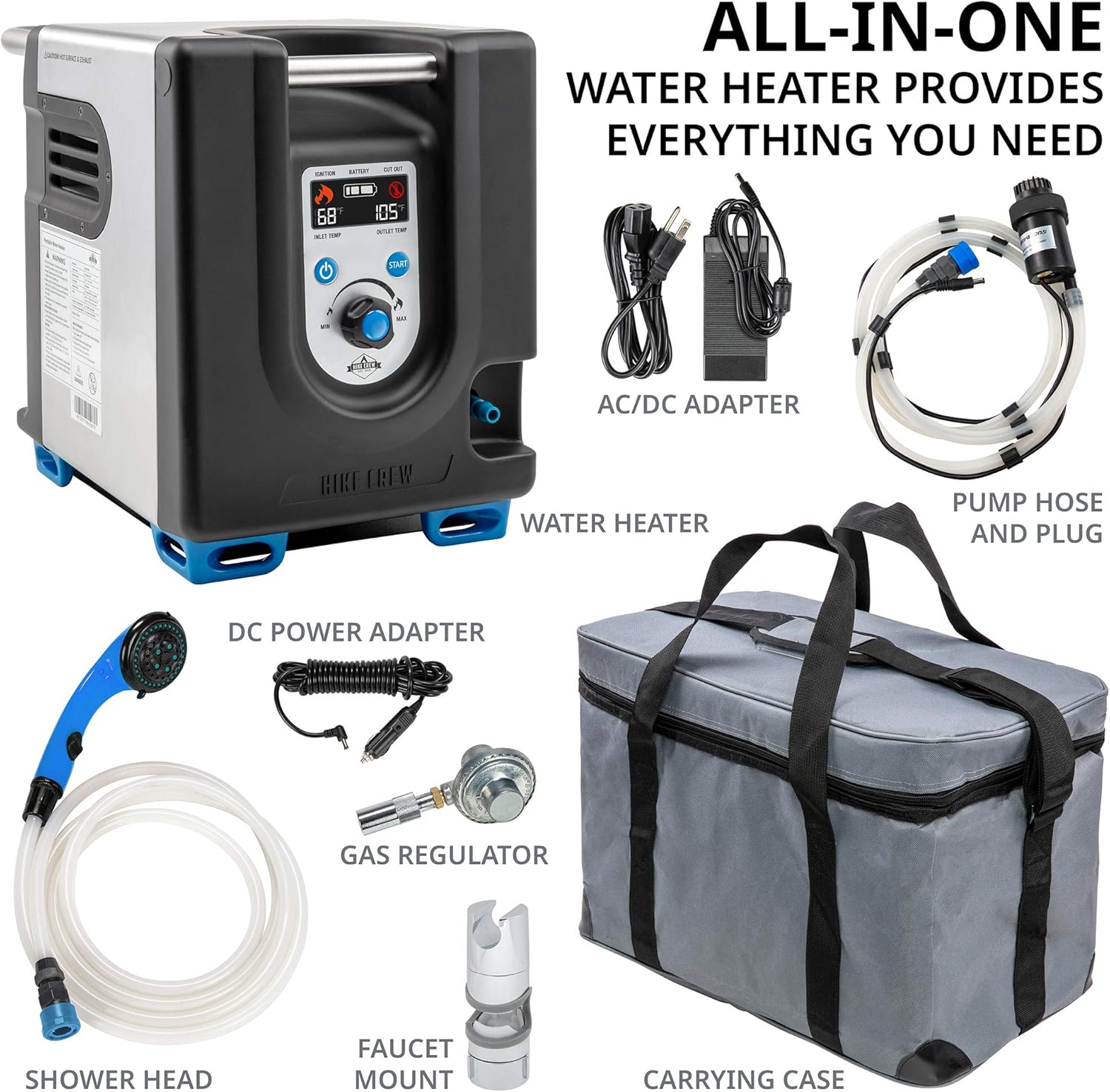 Portable Propane Water Heater & Shower Pump with Built-in Battery, Compact Outdoor System with Carry Case W970