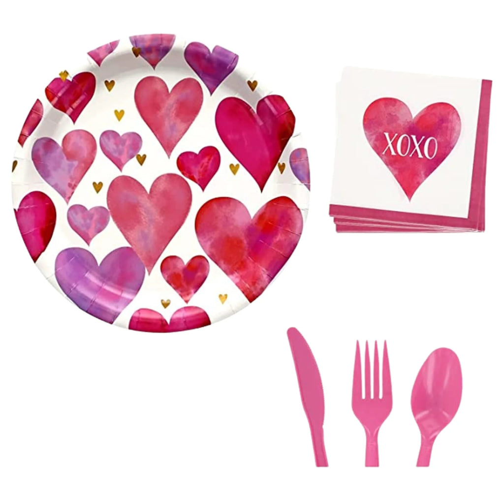 Round Paper Plates with Napkins and Pink Plastic Utensils Disposable Tableware Set of 3 D50330