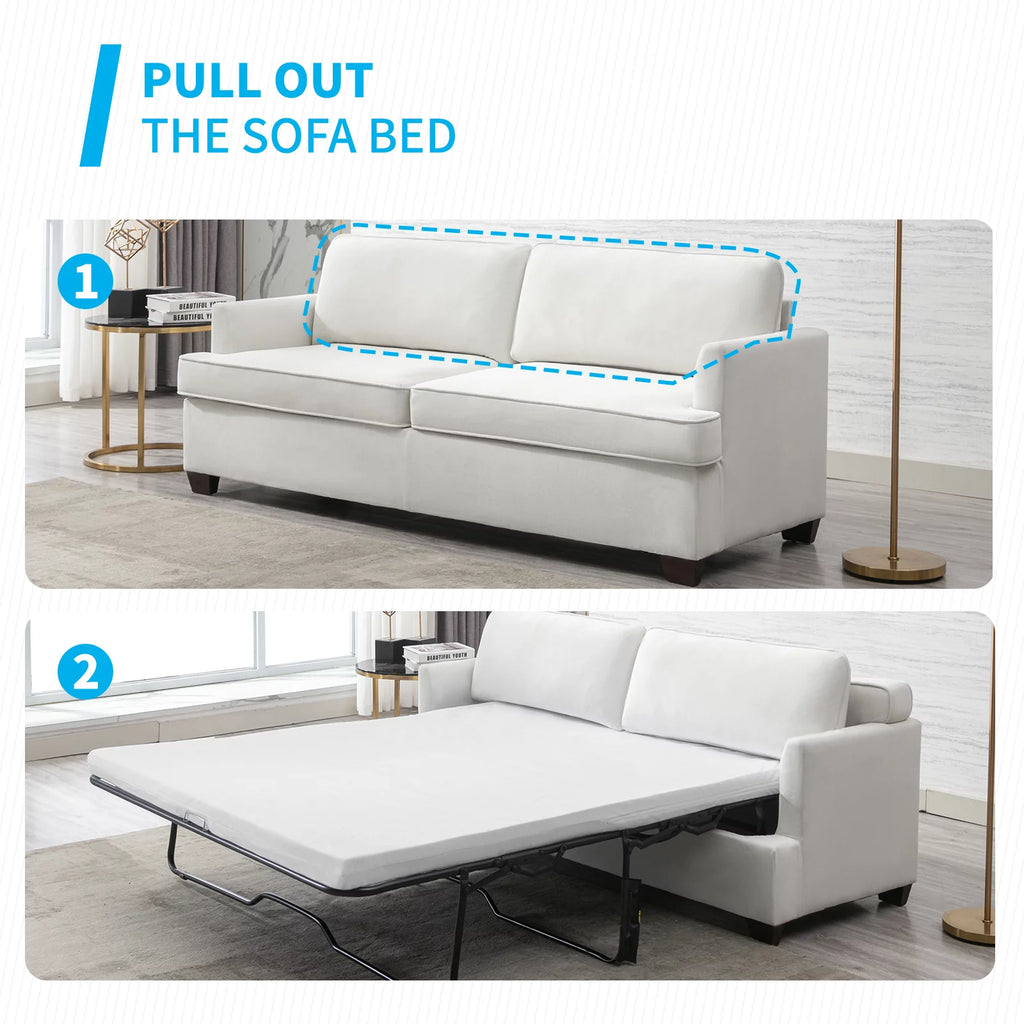 Beige Velvet Queen Size Pull Out Sofa Bed with Foam Mattress N1754