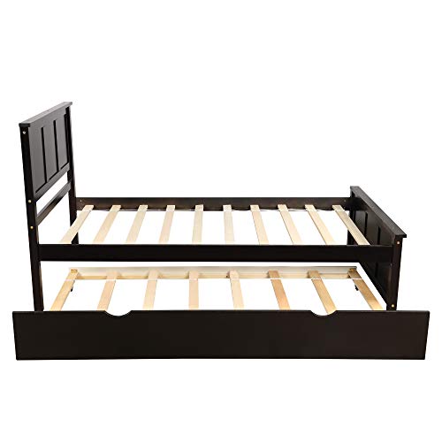 Twin Espresso Wood Low Platform Bed Frame with Headboard and Footboards T481254