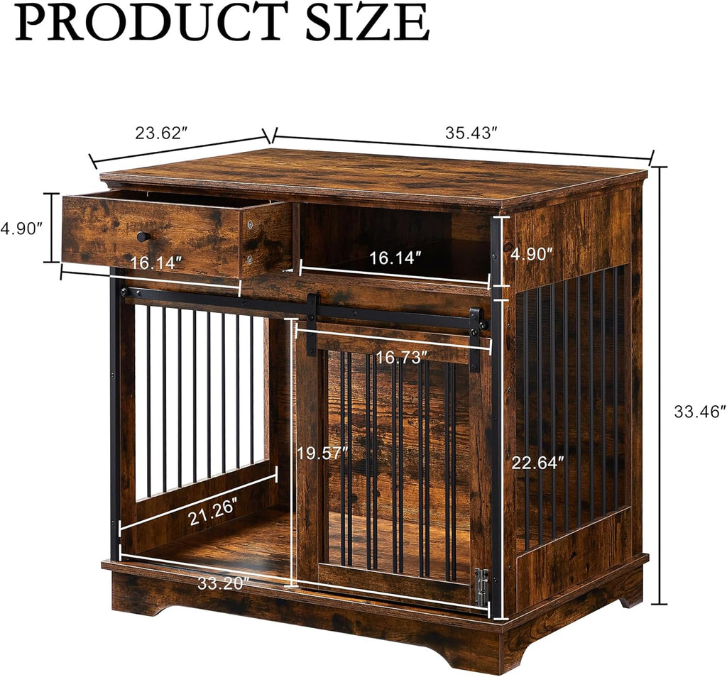 Rustic Brown Wooden Dog Crate with Sliding Barn Door and Storage Drawers V639495
