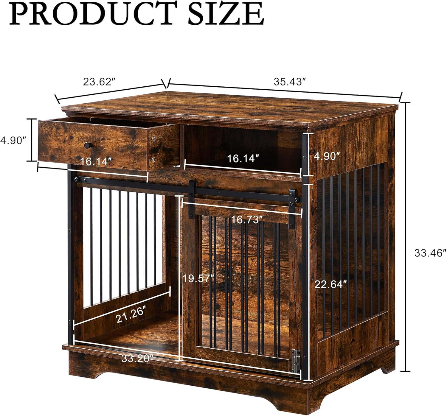 Rustic Brown Wooden Dog Crate with Sliding Barn Door and Storage Drawers V639495