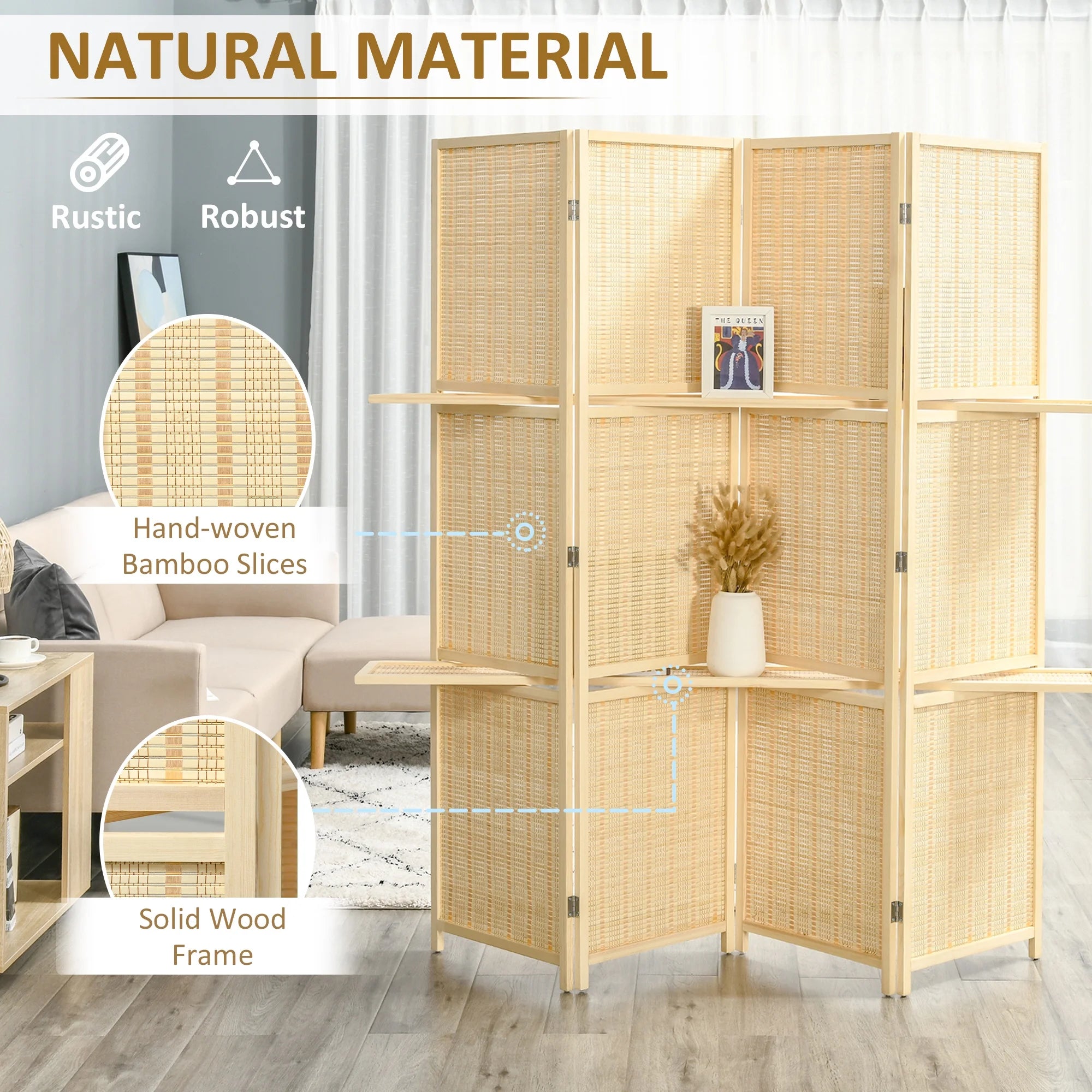 6 Ft Freestanding Bamboo Privacy Screen Panel with Storage Shelves R117