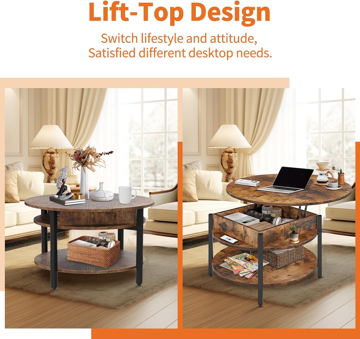 Round Lift Top Coffee Table with Storage and Hidden Compartment, 35.43 in Rustic Brown S2893