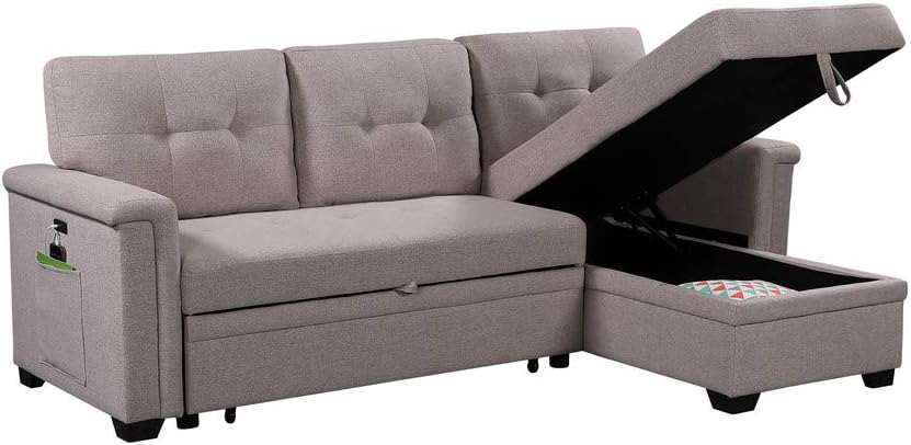 Linen Tufted Upholstered Convertible Corner Couch with Storage Chaise and Pull Out Bed, 84", Light Gray P902921