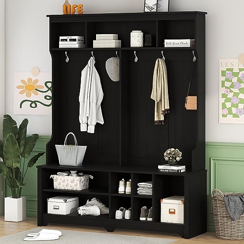 White Wooden 60 Inch Hall Tree with Storage Bench K9135