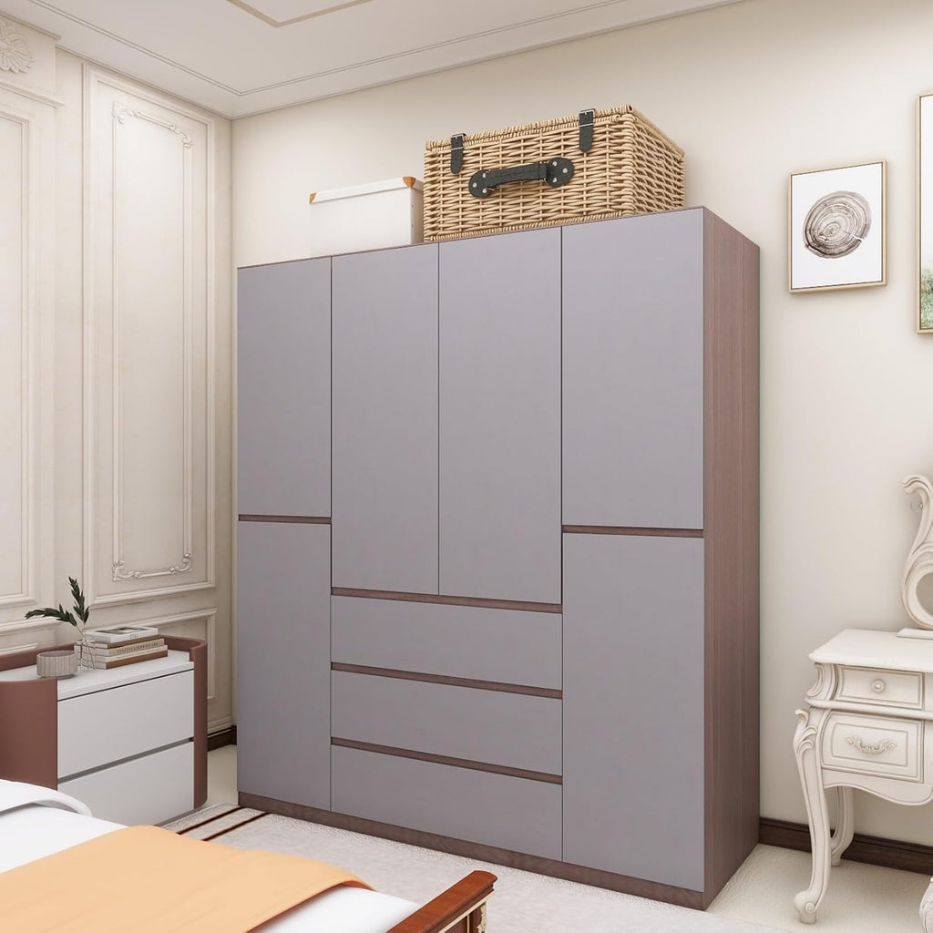 Gray 4-Door 3 Drawer Wooden Armoire Wardrobe V847