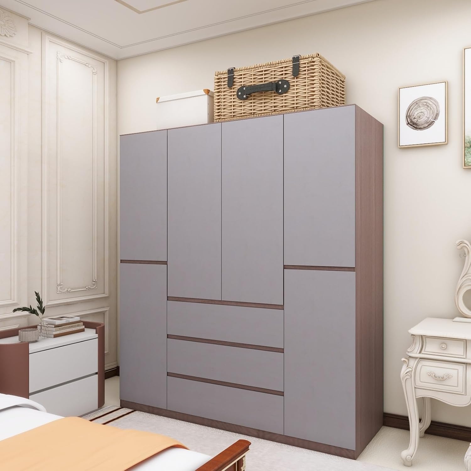 Gray 4-Door 3 Drawer Wooden Armoire Wardrobe V847