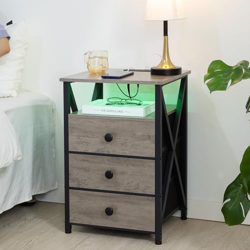 Dark Grey LED Nightstand Set 2 with Fabric Drawers M30502
