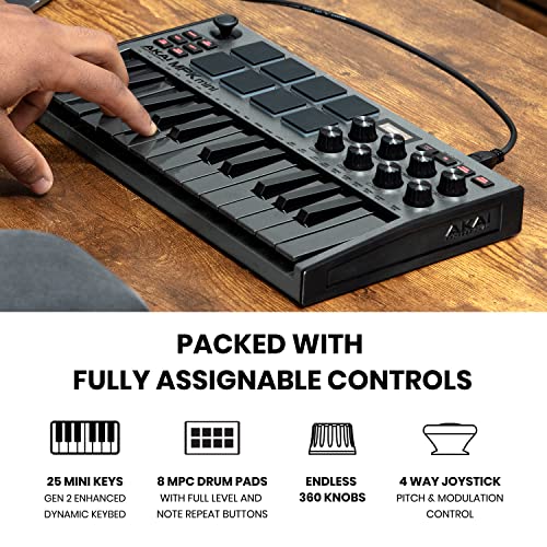 25 Key USB MIDI Keyboard Controller with 8 Backlit Drum Pads, Grey & Adjustable Desktop Microphone Stand, Black Z952911