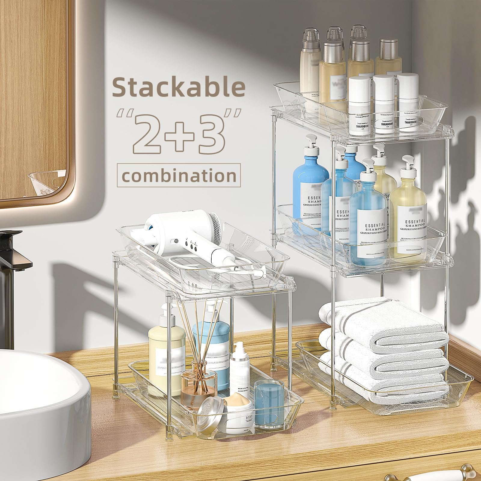 2 Pack Clear Pull Out Drawer Under Sink Organizer with Movable Dividers X31806