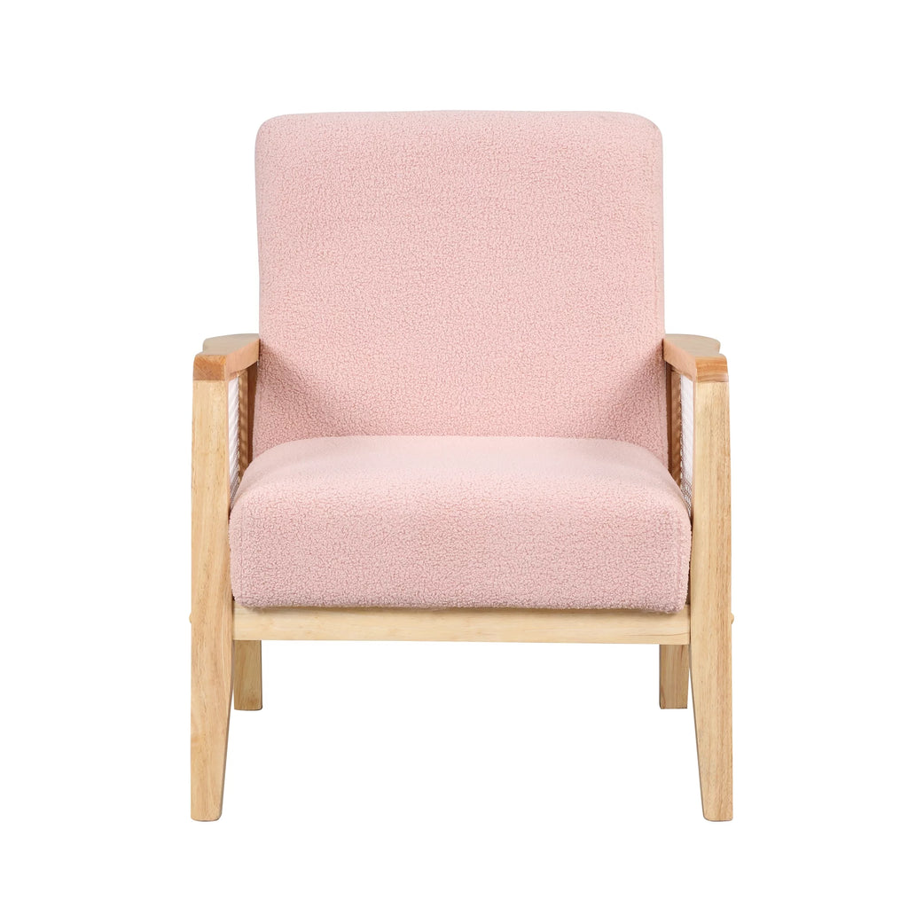 Pink Teddy Short Plush Particle Velvet Rattan Mesh Upholstered Accent Armchair F5114