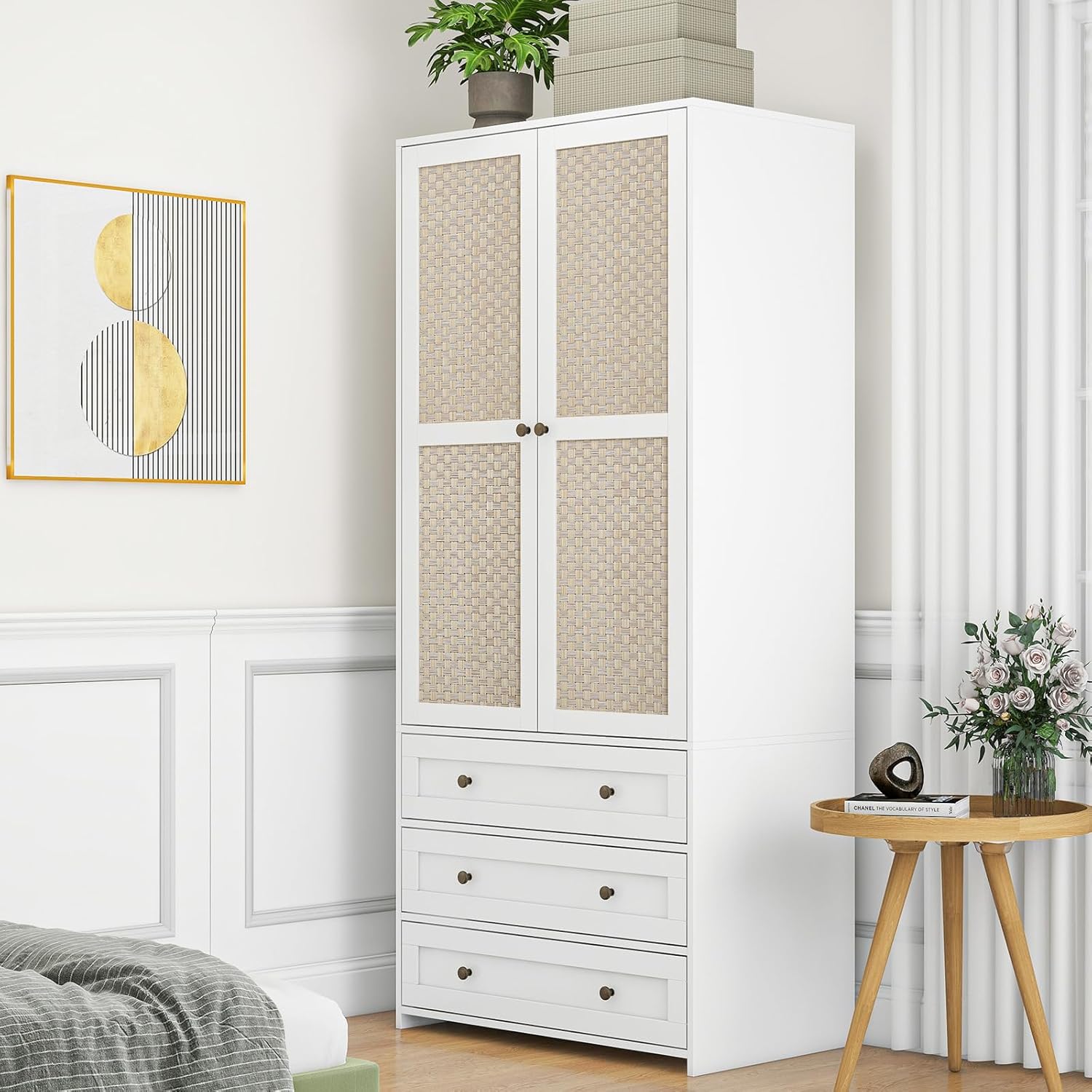 Wooden Armoire Wardrobe with Rattan Door and 3 Drawer P121709