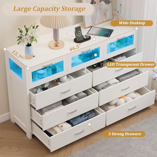 Black 9 Drawer Wood Dresser with LED Lights and Charging Station F487