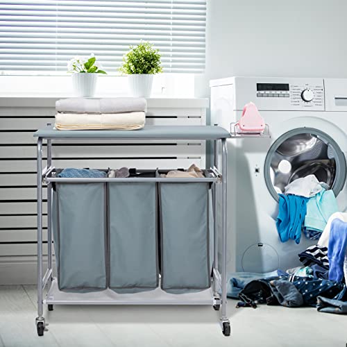 Blue Grey Rolling Laundry Sorter with Ironing Board and 3-Bag E185652