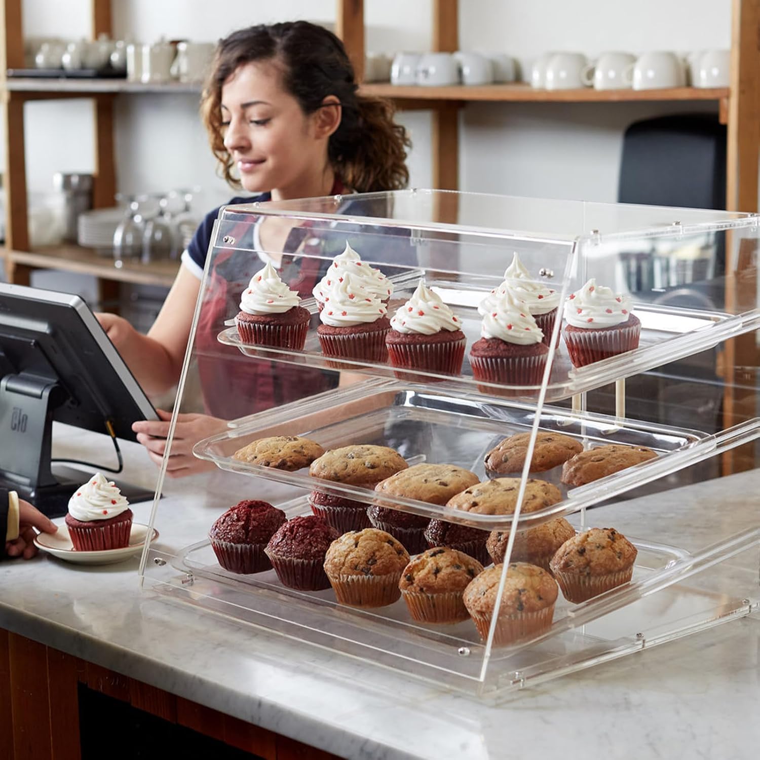Acrylic 3 Tray Commercial Countertop Bakery Display Case with Rear Door Access & Removable Shelves, 22x17x16.5inch Q860
