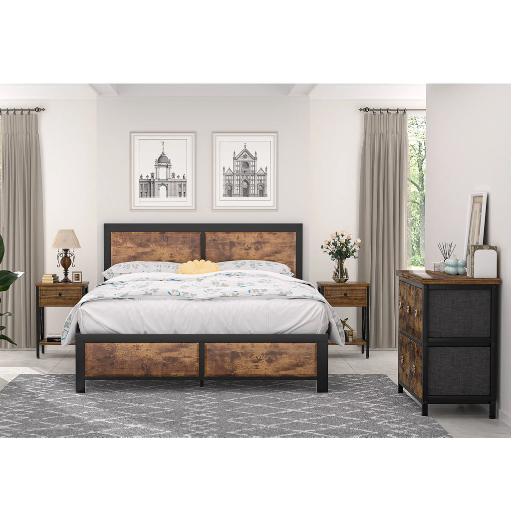 4-Piece Bedroom Set with Queen Size Platform Bed Frame & 5-Drawer Dresser & Two Nightstands, Brown L2401
