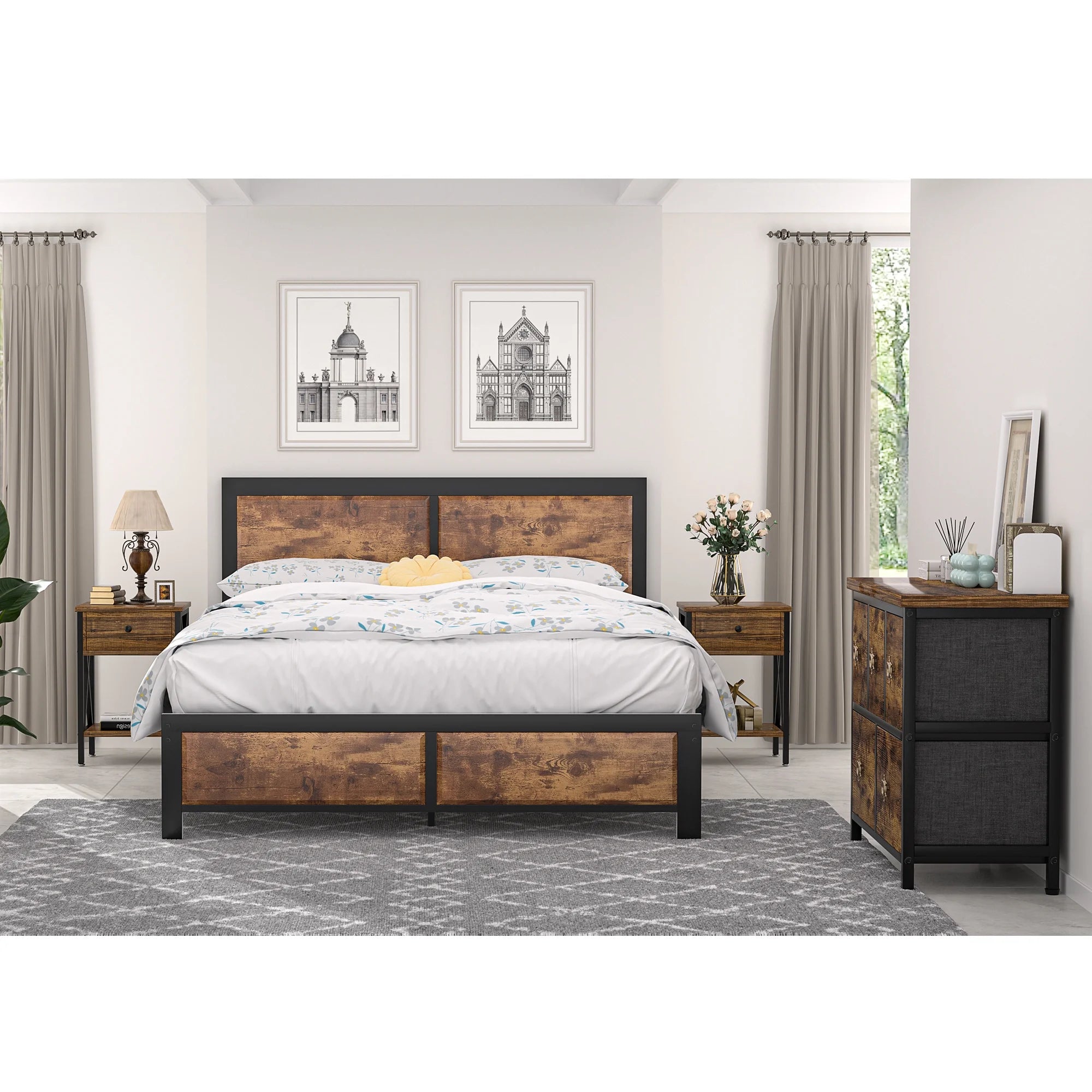 4-Piece Bedroom Set with Queen Size Platform Bed Frame & 5-Drawer Dresser & Two Nightstands, Brown L2401