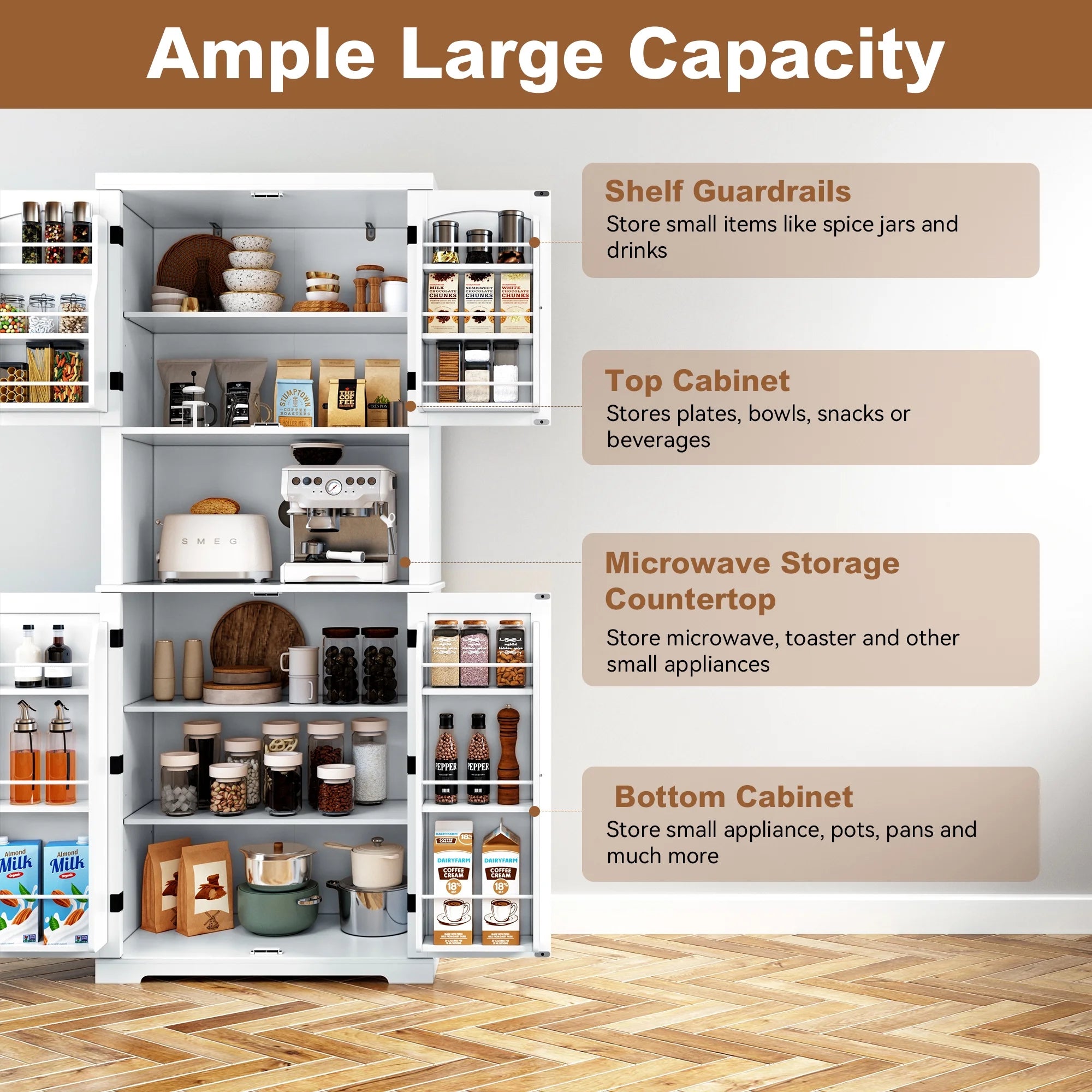 White 72" Kitchen Pantry Storage Cabinet with Microwave Stand H83806