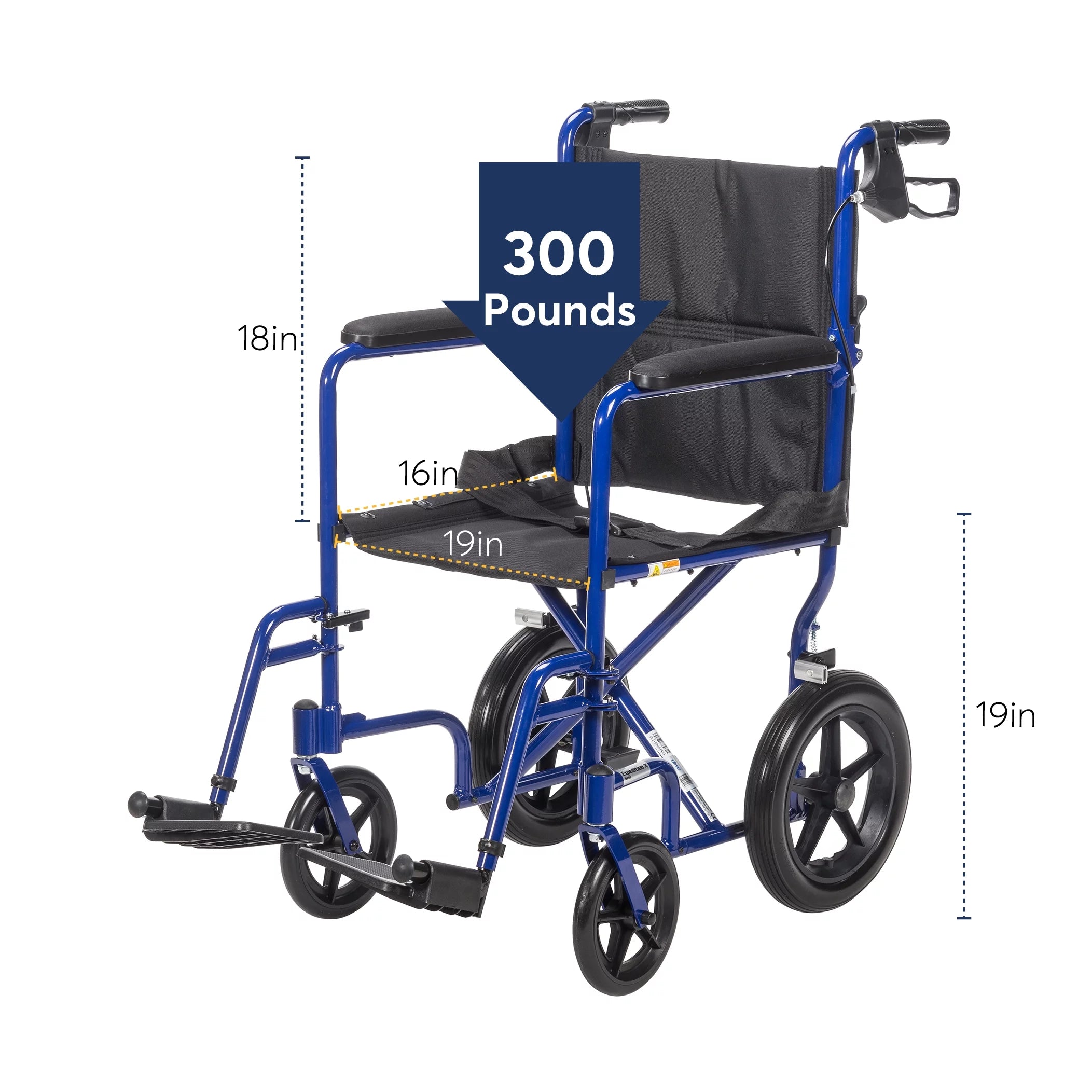 Blue 19" Seat Lightweight Transport Wheelchair with Hand Brakes I871