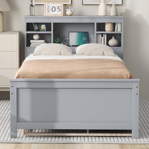 Gray Full Size Bookcase Bed with Trundle and Storage Drawers L29631