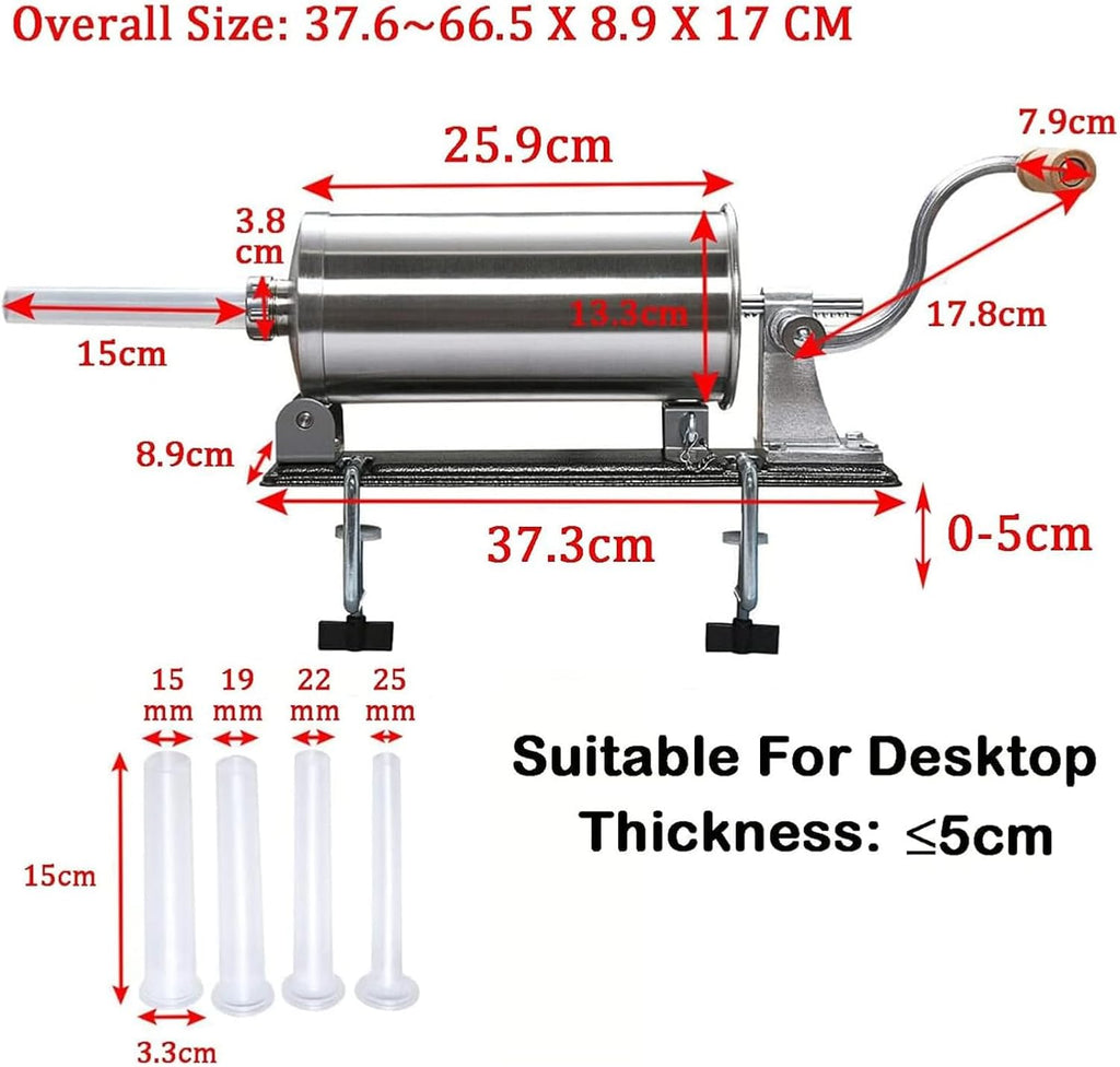 Stainless Steel Horizontal Sausage Stuffer Machine, 6LBS/3L, Manual Sausage Filler with 4 Filling Tubes D215