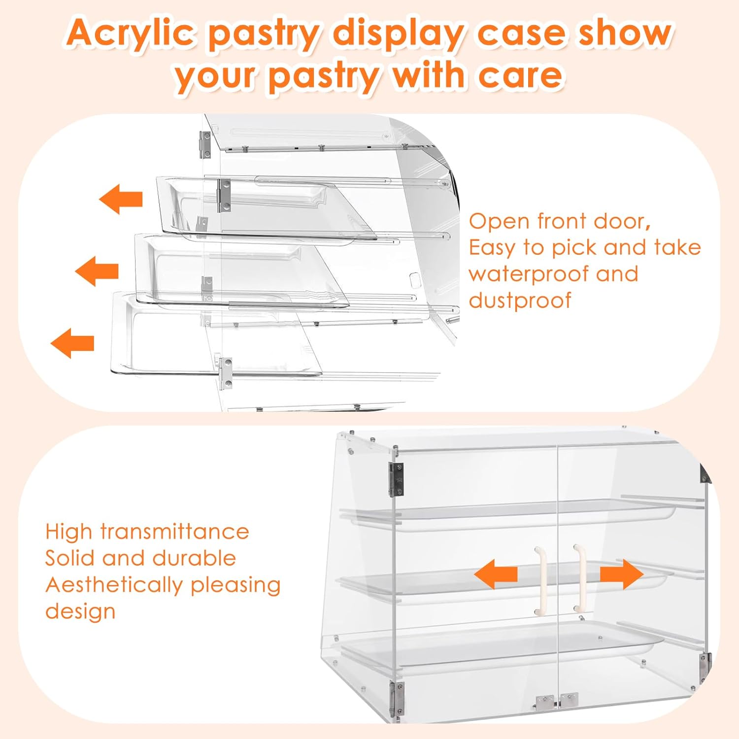 Acrylic 3 Tray Commercial Countertop Bakery Display Case with Rear Door Access & Removable Shelves, 22x17x16.5inch Q860