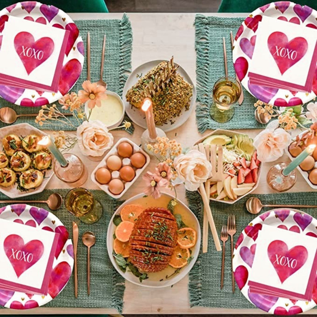 Round Paper Plates with Napkins and Pink Plastic Utensils Disposable Tableware Set of 3 D50330