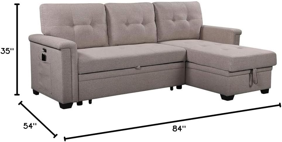 Linen Tufted Upholstered Convertible Corner Couch with Storage Chaise and Pull Out Bed, 84", Light Gray P902921