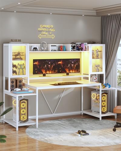 Black Gaming Desk with LED Lights, Hutch and Storage Shelves M973363