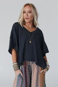 Cozy Oversized Slub V Neck Top - Navy