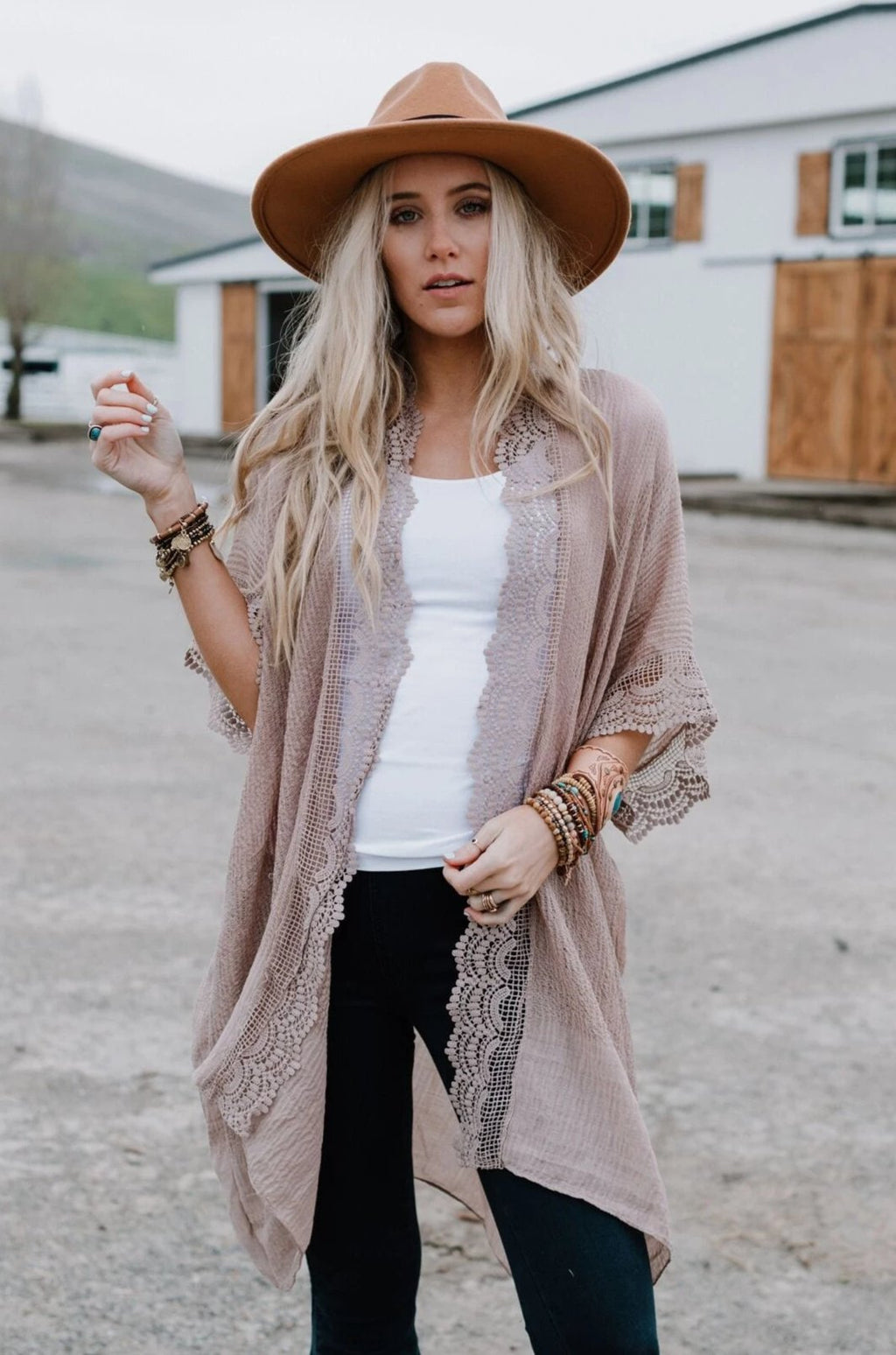 Marie Lace Trim Kimono - Mocha