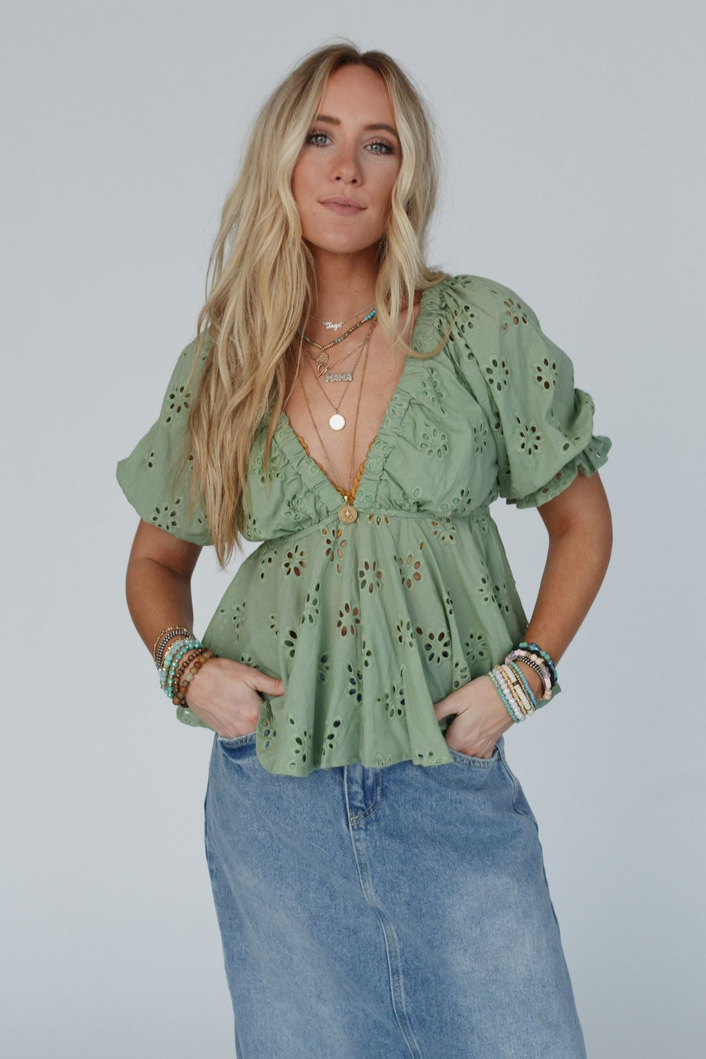 Let Love Embroidered Top - Sage