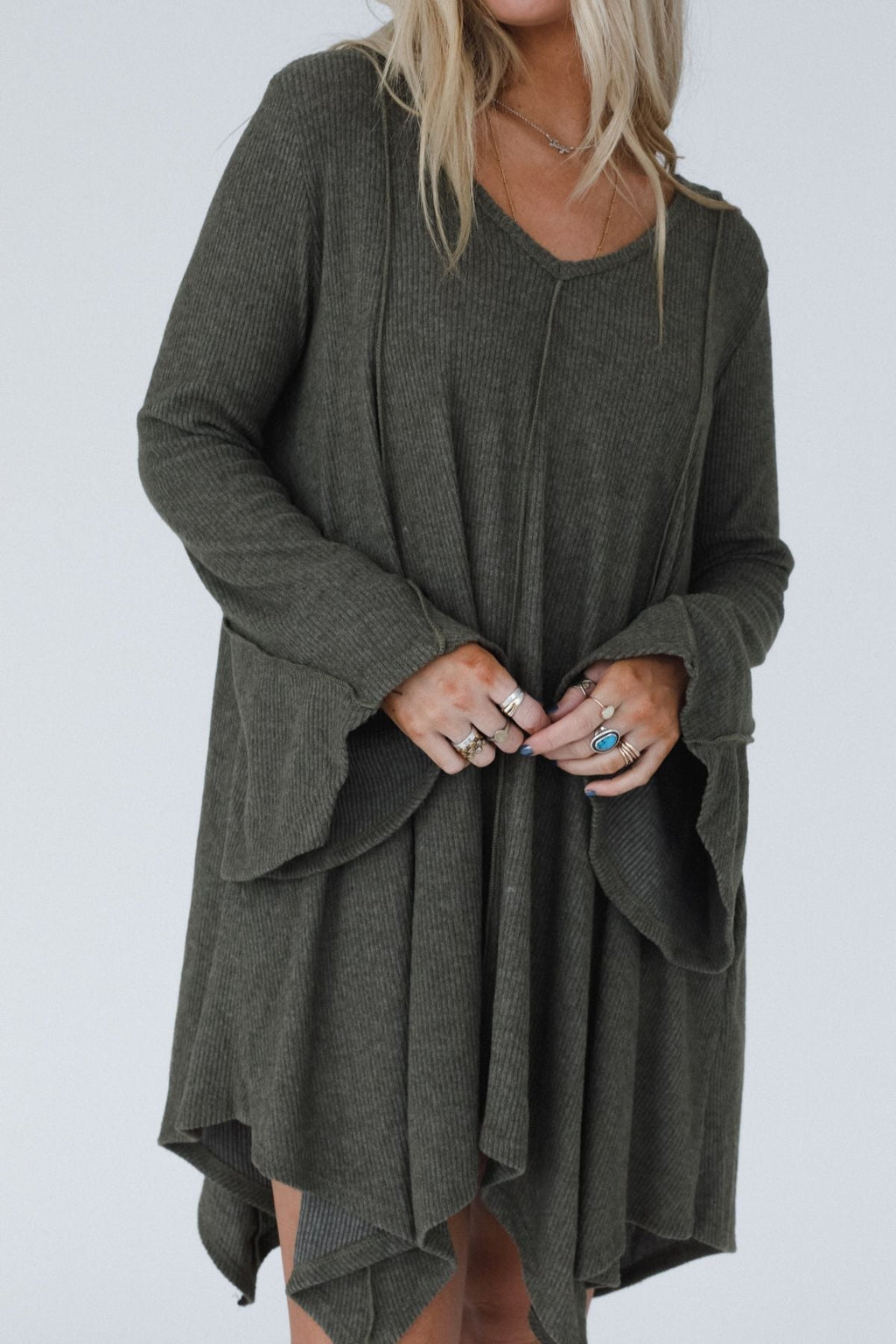 The Nest Golden Hour Long Bell Sleeve Tunic Dress - Olive