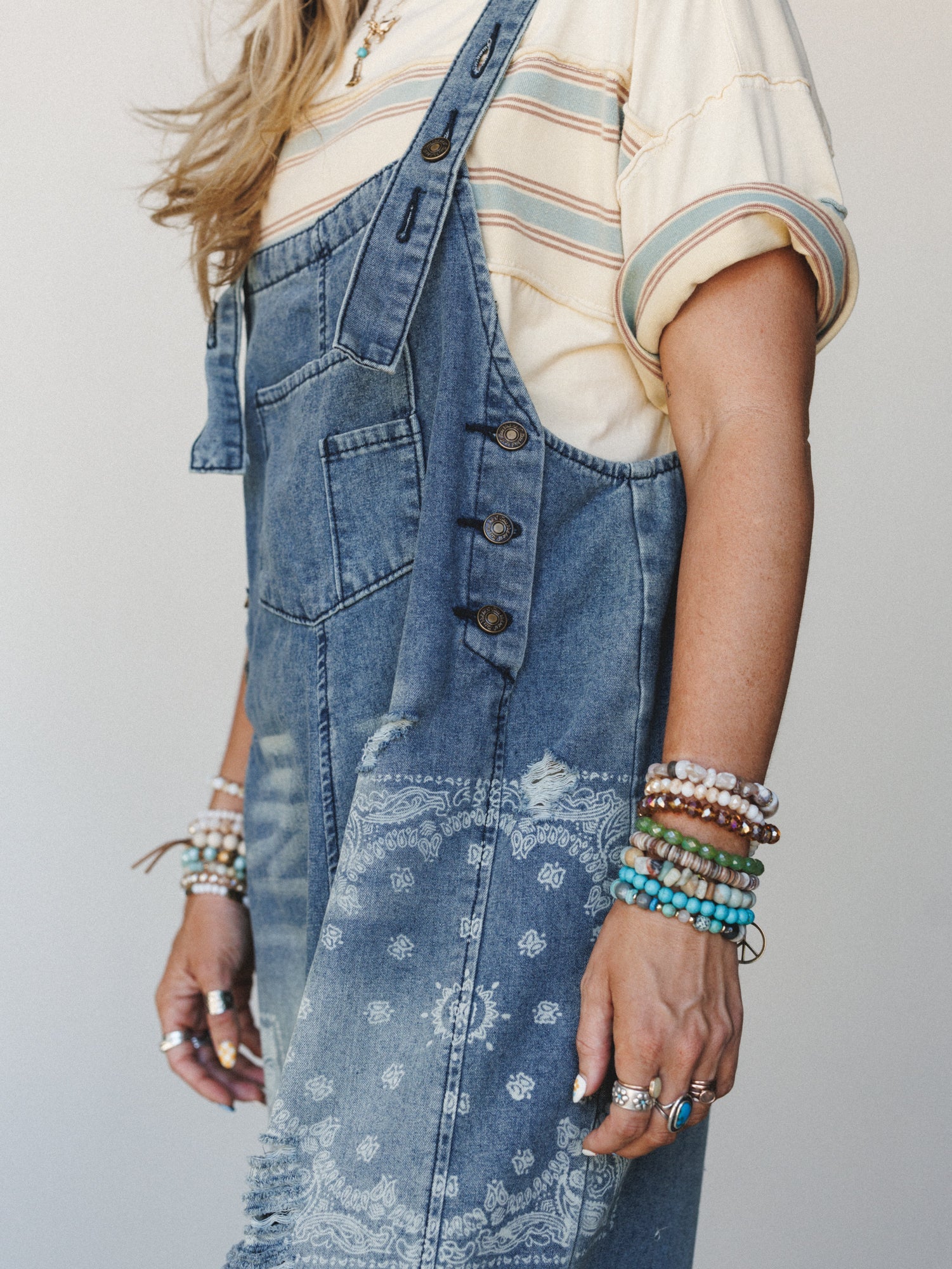 High Hopes Slouchy Denim Overalls - Denim Bandana