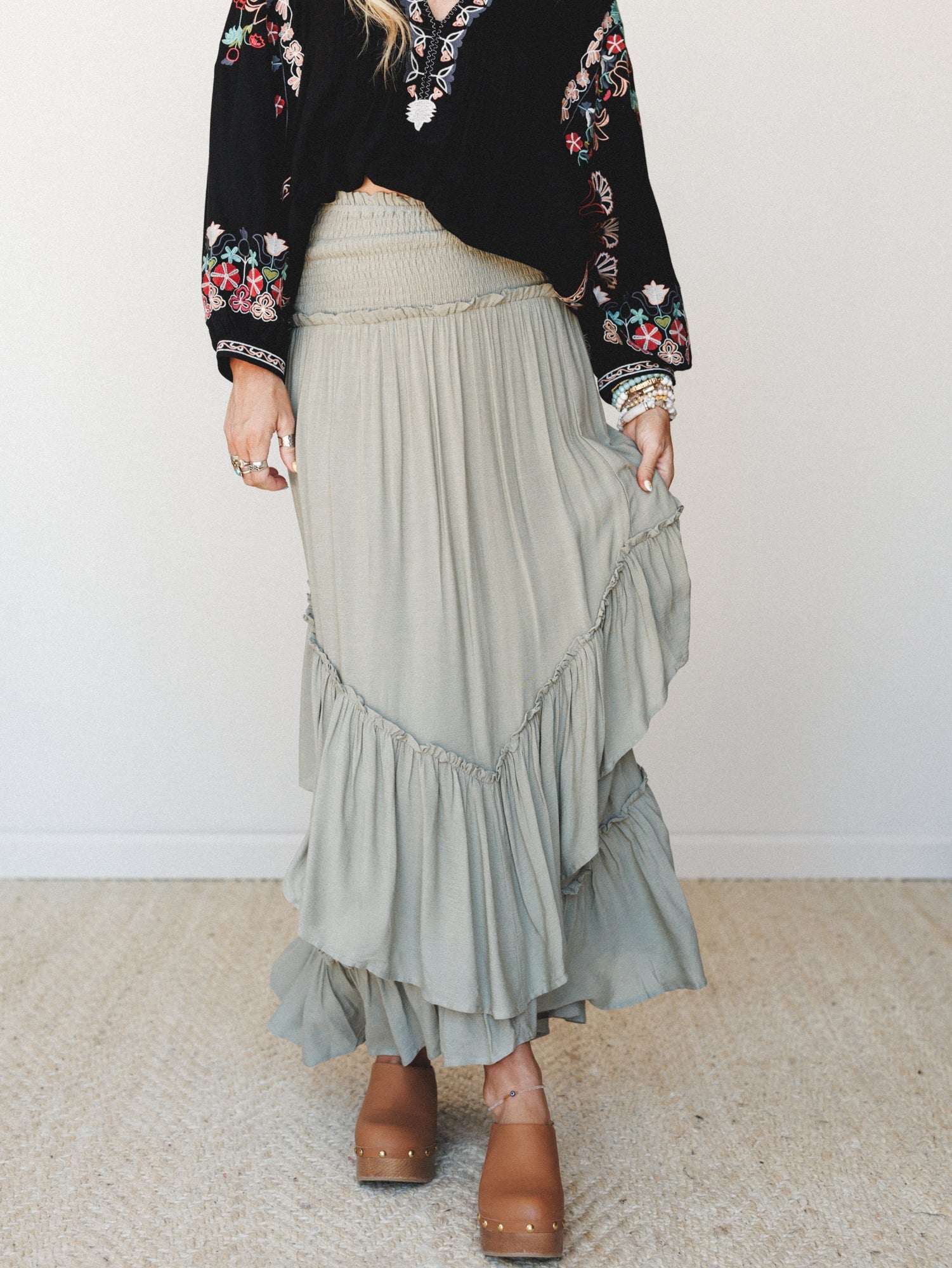 Washed Ashore Ruffled Maxi Skirt - Olive