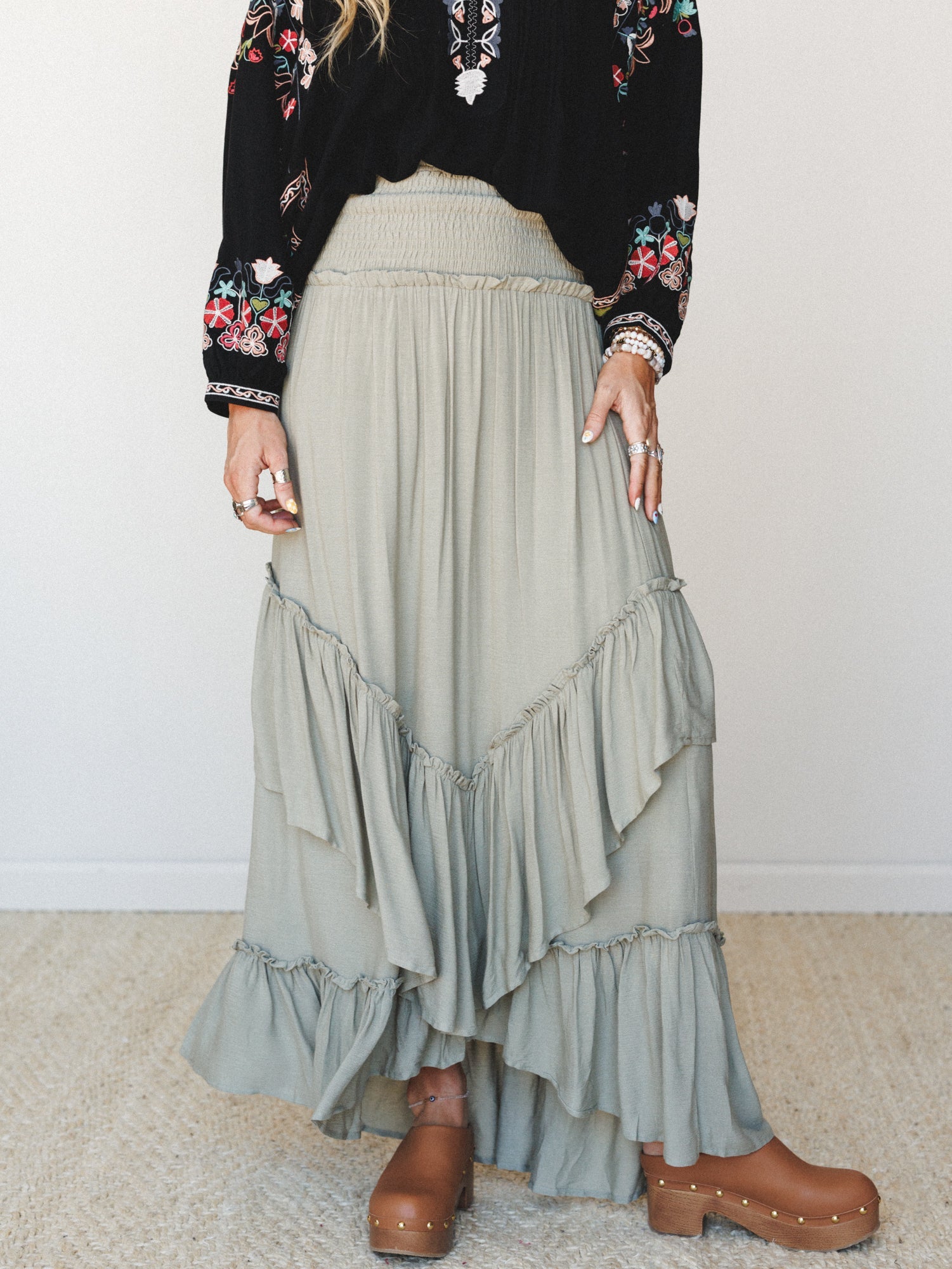 Washed Ashore Ruffled Maxi Skirt - Olive