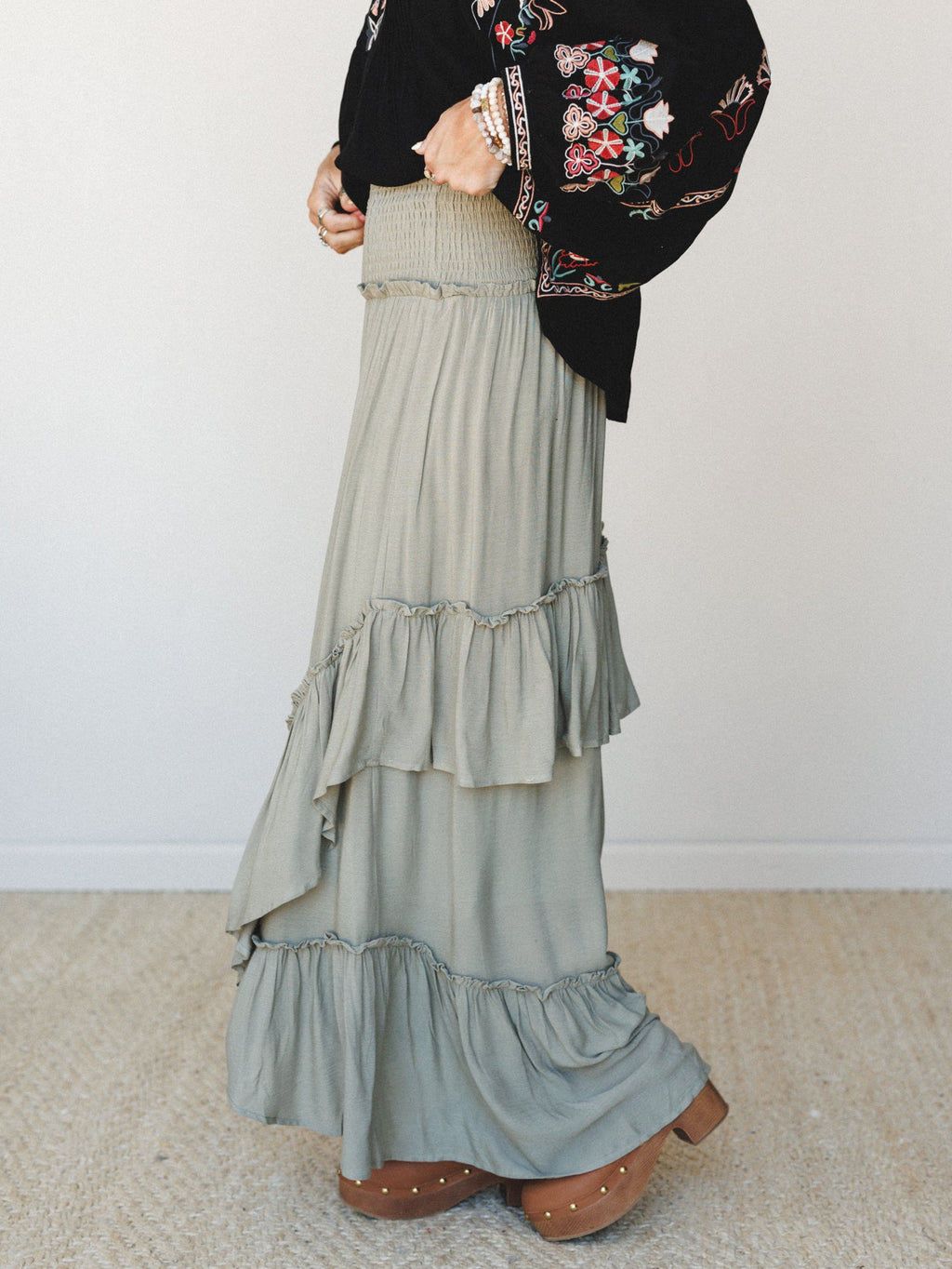 Washed Ashore Ruffled Maxi Skirt - Olive