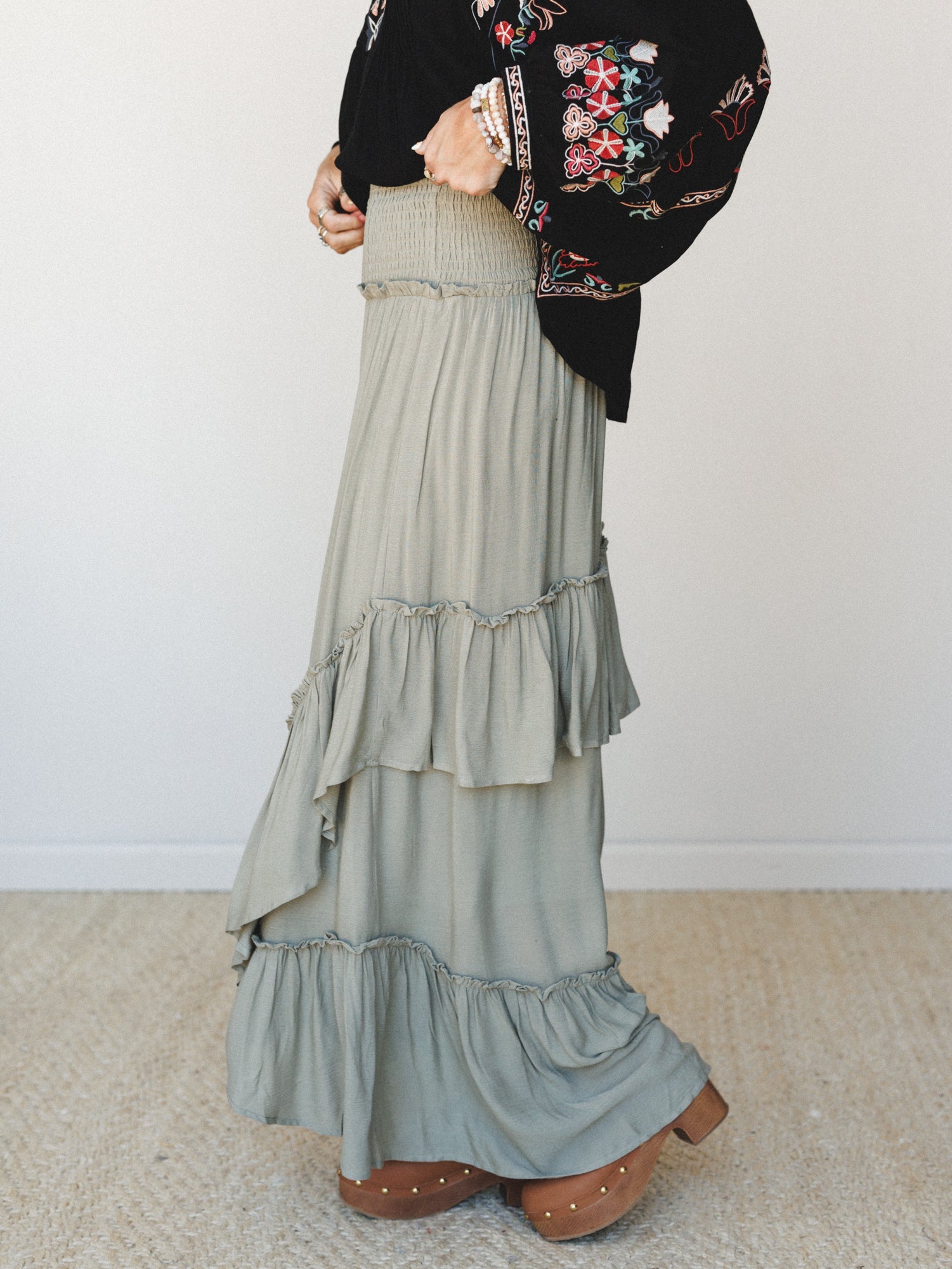 Washed Ashore Ruffled Maxi Skirt - Olive