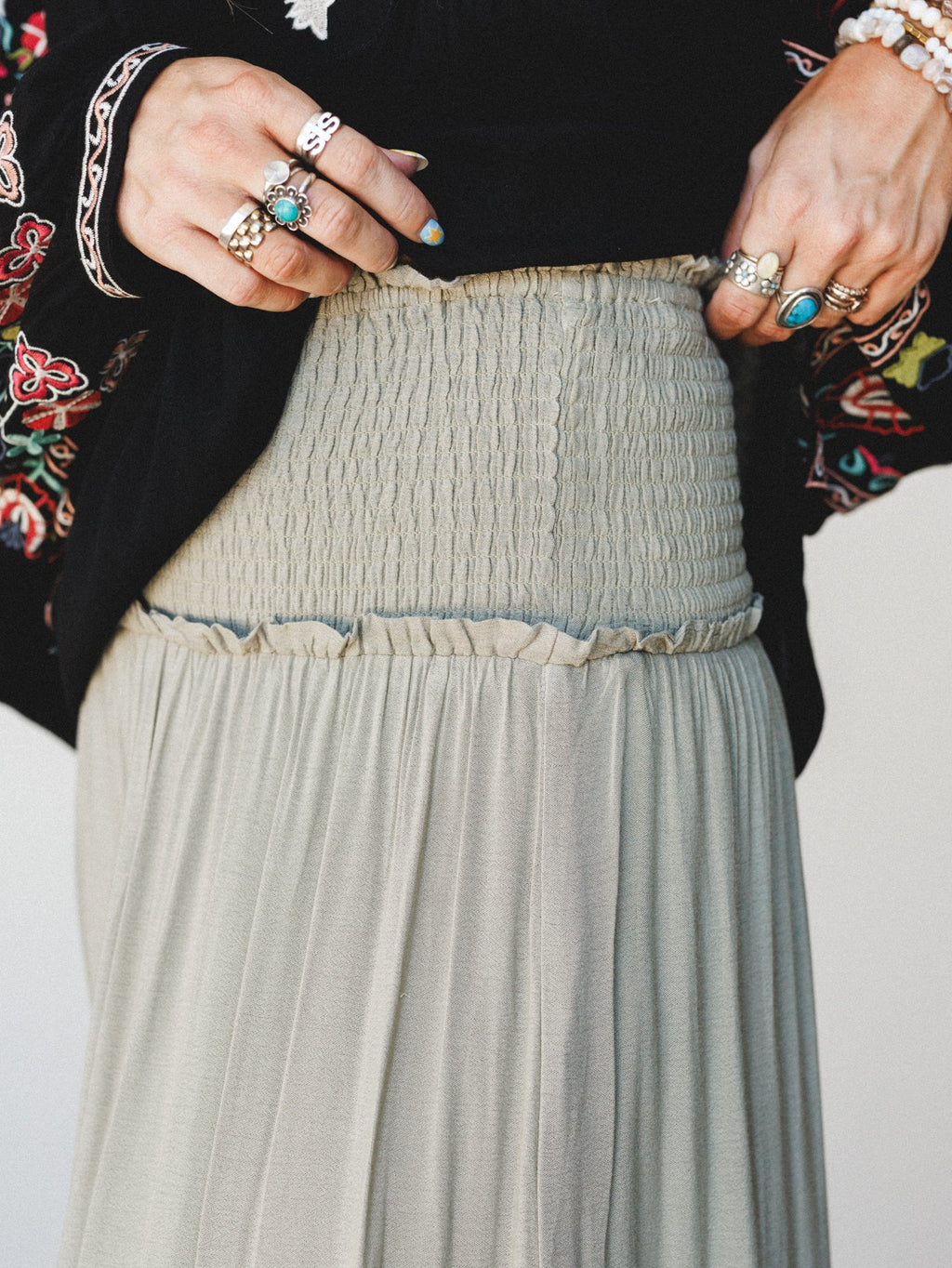 Washed Ashore Ruffled Maxi Skirt - Olive